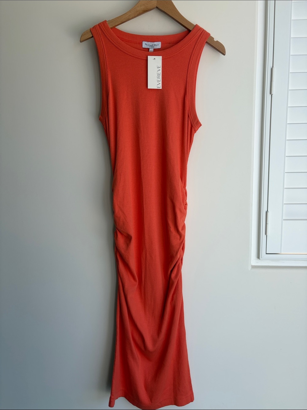 MICHAEL STARS Wren Ruched Orange Midi Dress Ribbed Tank Style Side Slit Sz L NWT